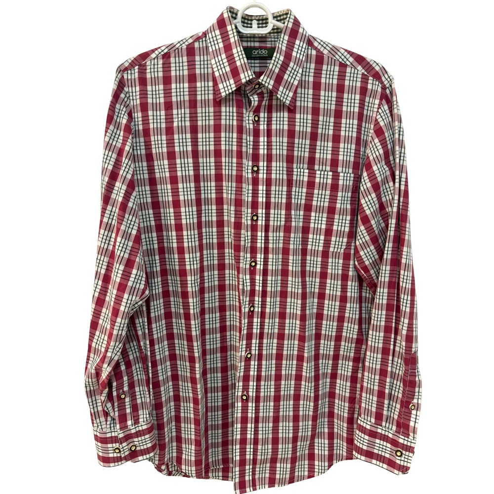 Arido Mens Red Plaid Long Sleeve Button Down Shirt Cotton Size 38 Trachten Style
